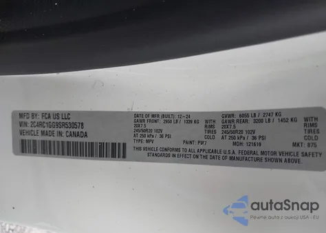 2025 Chrysler Pacifica Limited z USA, uszkodzony, nr VIN 2C4RC1GG9SR530578